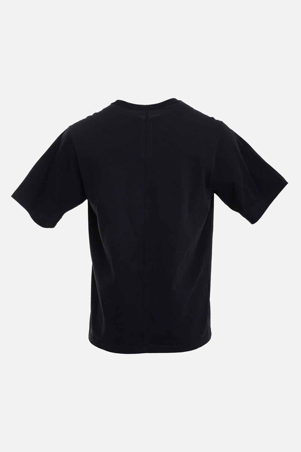 Rick Owens men's T-shirt in black/milk, back view with centered spine seam and neck tape detail