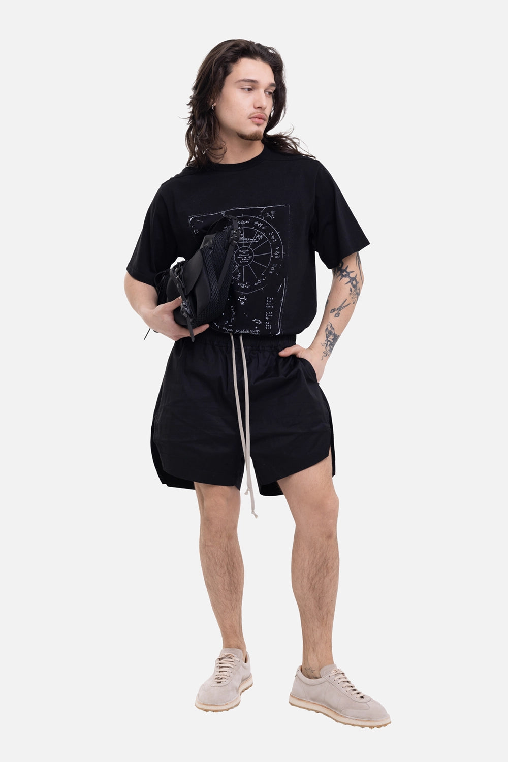 Rick Owens men's T-shirt in black/milk, on-model full-length view with graphic chest print and short sleeves