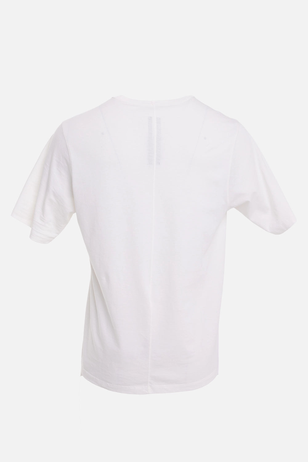 Rick Owens men's T-shirt in milk/black, back view with centered spine seam and neck tape detail
