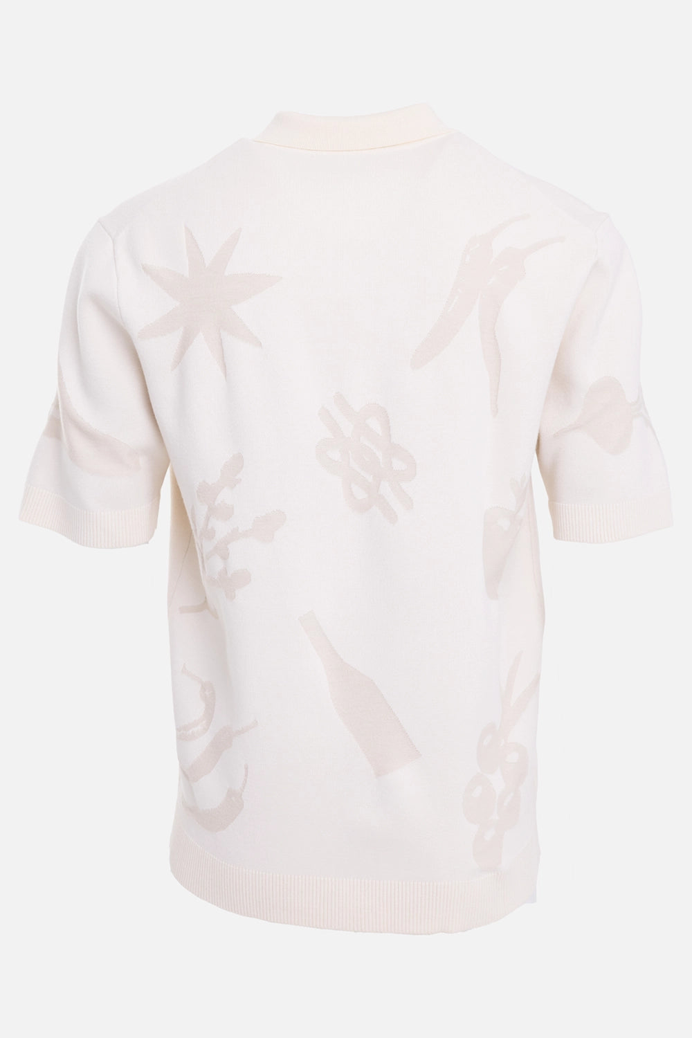 Filling Pieces unisex knit shirt in antique white, back view with tonal bottle and star jacquard graphics