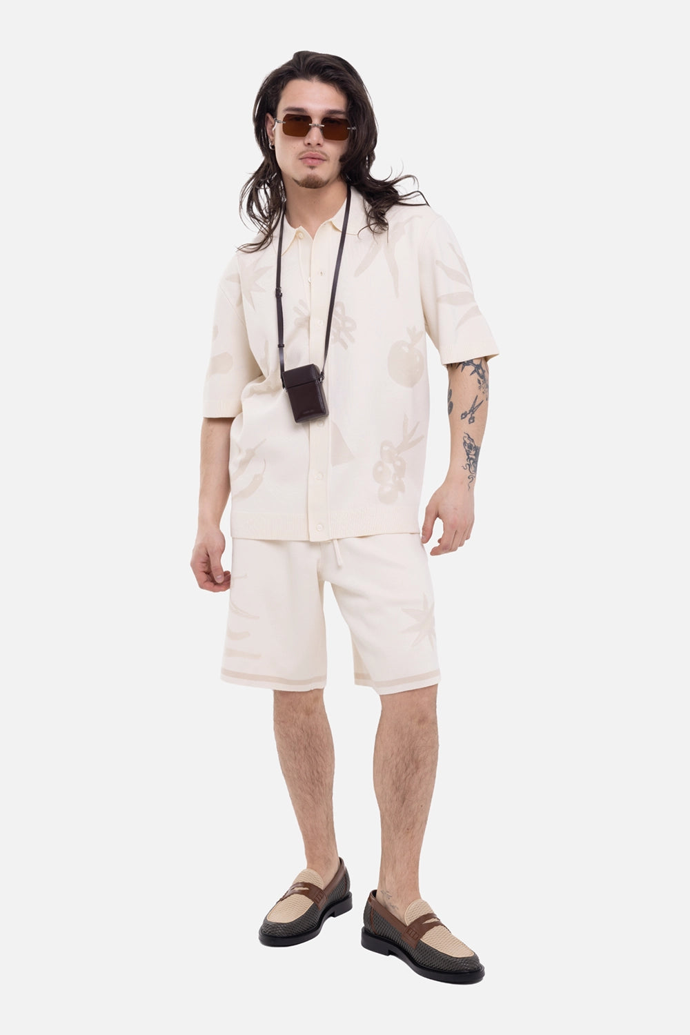 Filling Pieces unisex knit shirt in antique white, on-model full-length view with short sleeves and collar