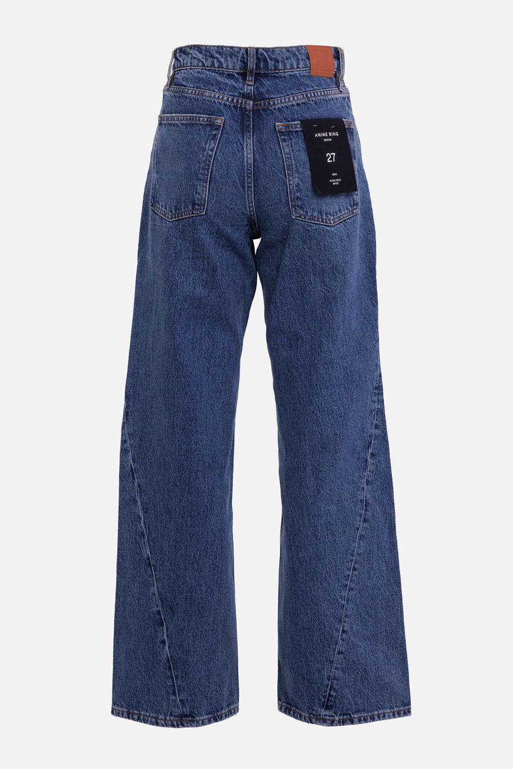 ANINE BING women's Brie jeans in Cabana Blue, back view with patch pockets, leather logo tab and angled leg seams