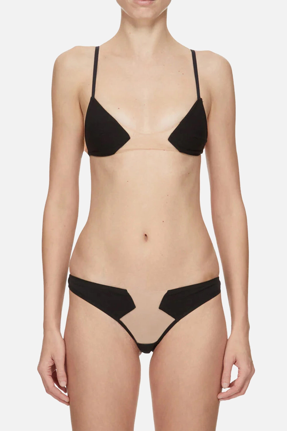 Rick Owens x LIVY women’s briefs in black/natural, front view, high-cut leg and geometric side panels