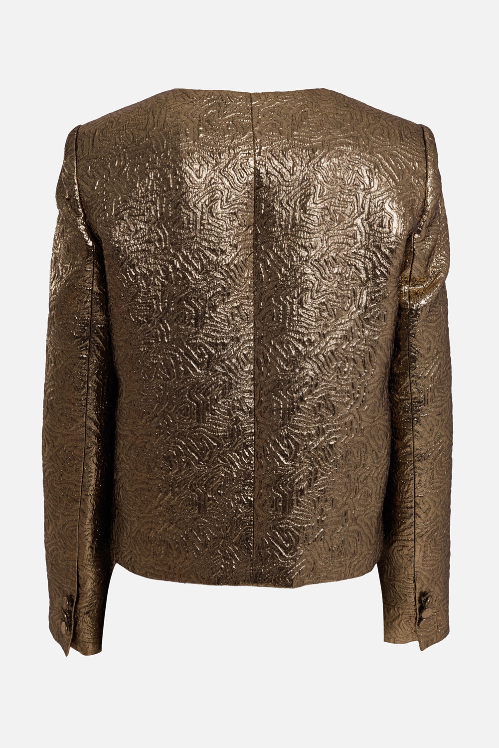 MSGM women's gold brocade jacket, back view with metallic texture, defined shoulders and a centre seam