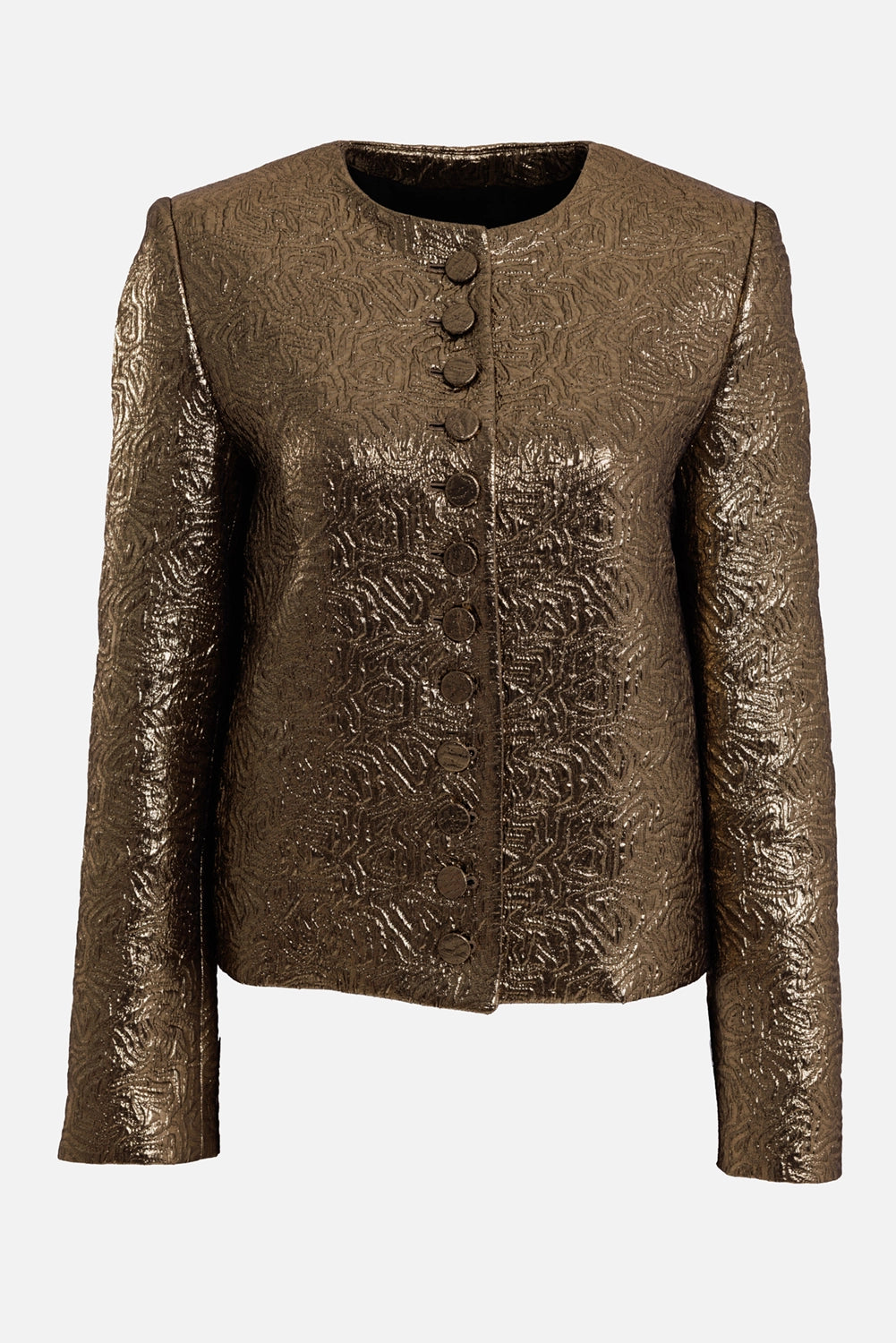 MSGM women's gold brocade jacket, front view with a round collarless neck and tonal covered buttons
