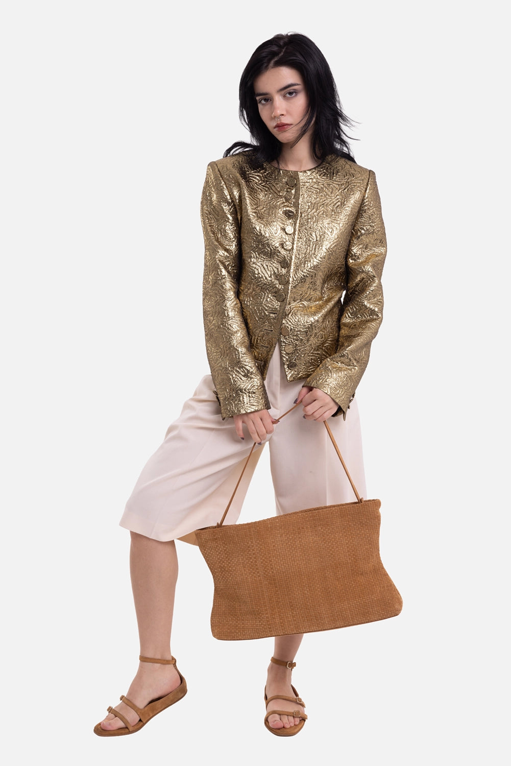 MSGM women's gold brocade jacket, full-length model view with covered buttons and structured shoulders
