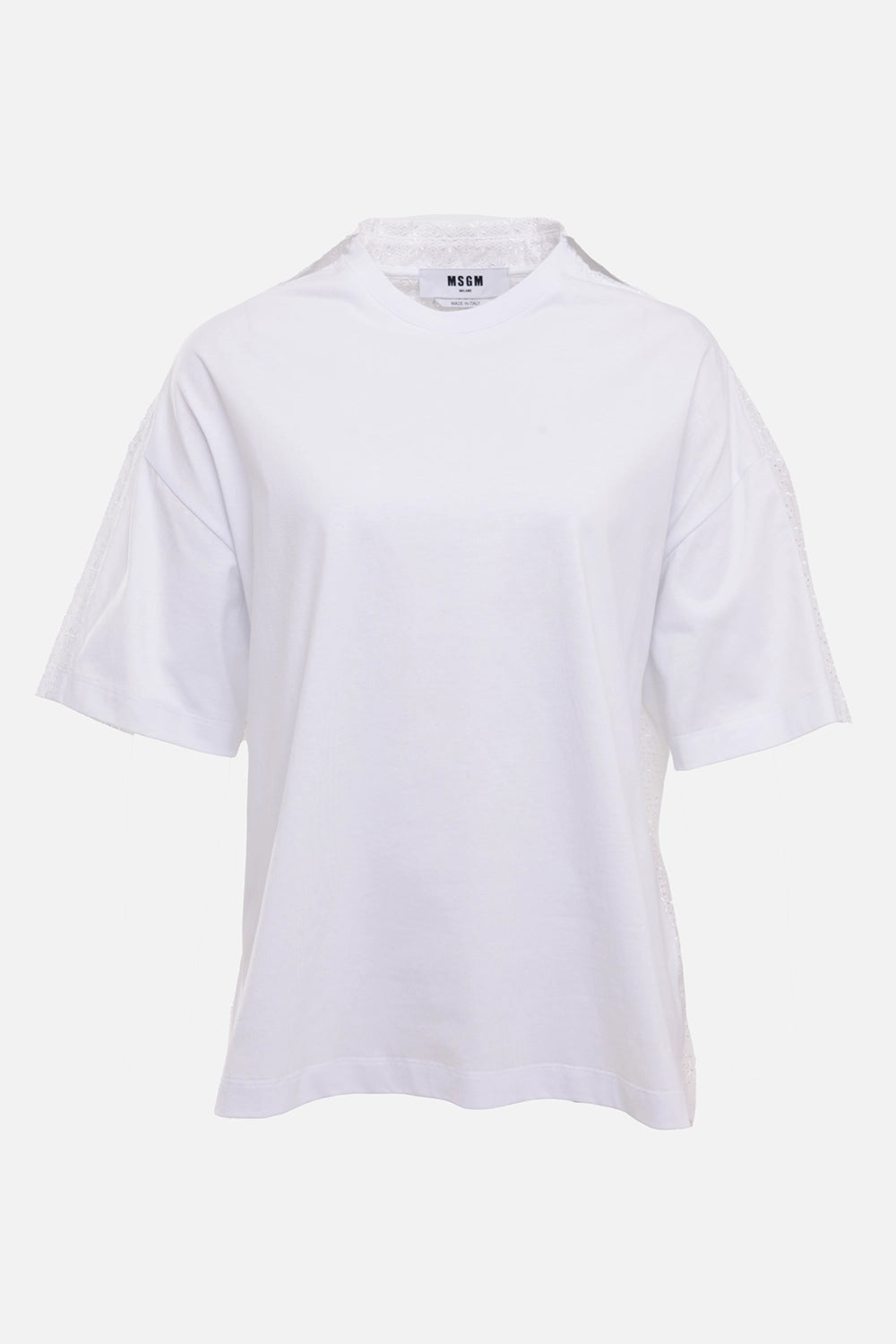 MSGM women's T-shirt in white, front view, crew neck with plain jersey body and lace side panels
