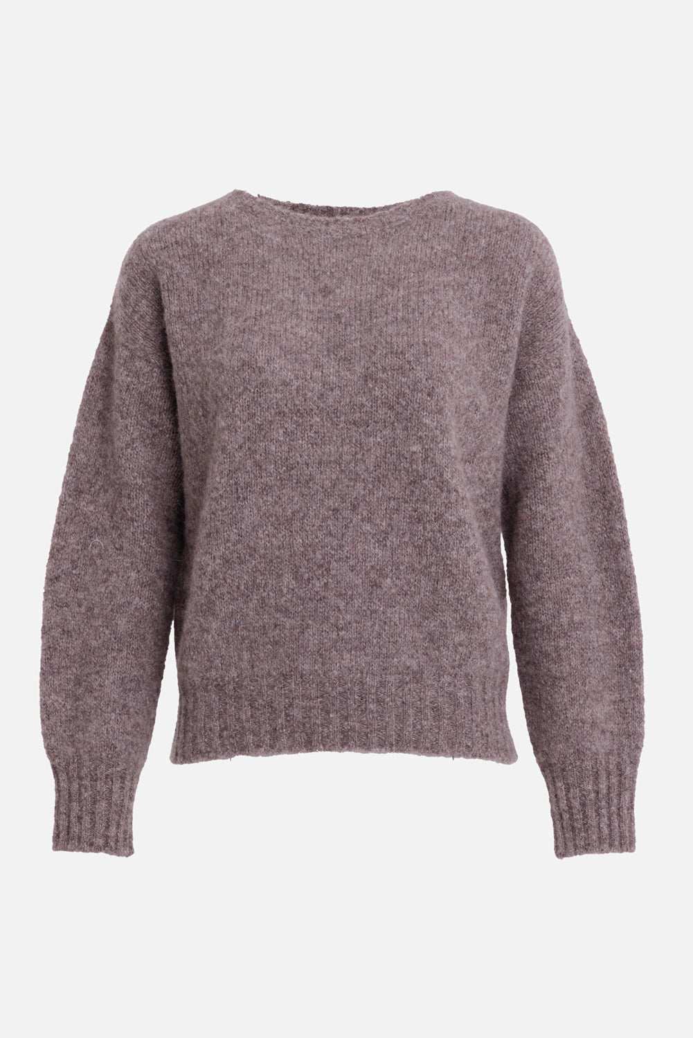 Uma Wang women's sweater in tortora, front view with wide boat neck, ribbed hem and long sleeves