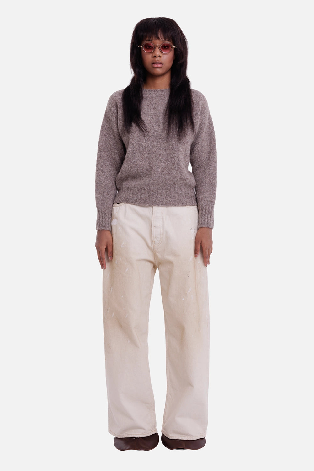 Uma Wang women's sweater in tortora, full-length model view with boat neckline and softly brushed texture