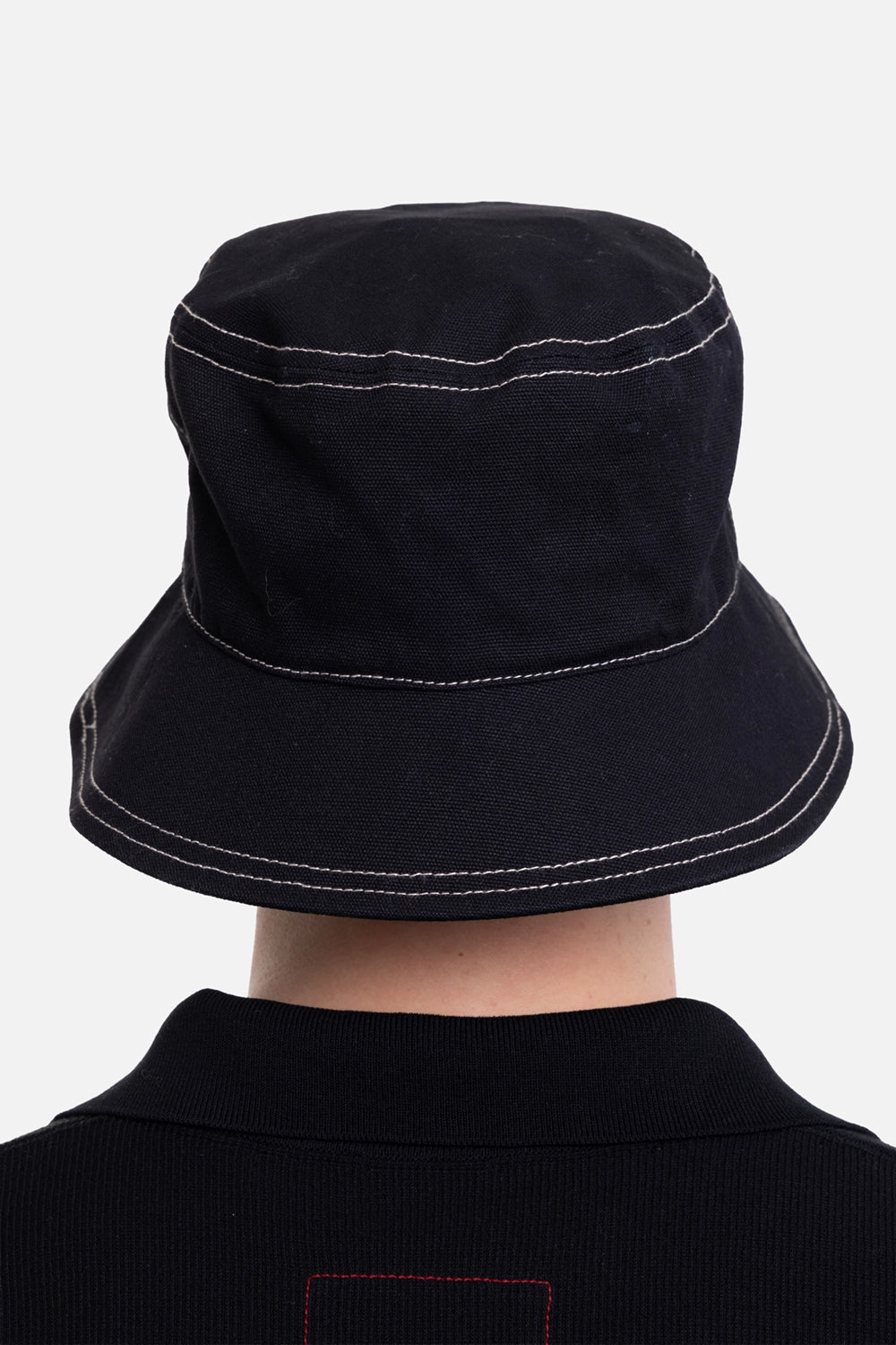Vivienne Westwood men's bucket hat in black, back view with contrast topstitching and narrow brim