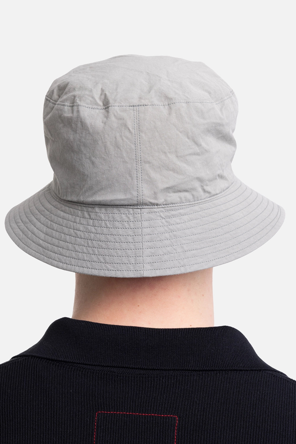 KIJIMA TAKAYUKI men's bucket hat in black/gray, back view with stitched brim and paneled crown