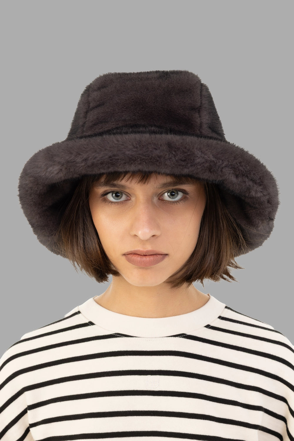 Kijima Takayuki unisex bucket hat in charcoal, front view, plush faux-fur pile and flared brim