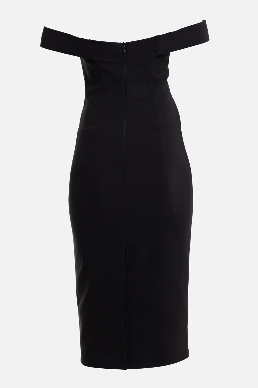 DES PHEMMES women's bustier dress in black, back view, off-shoulder bands and concealed zip