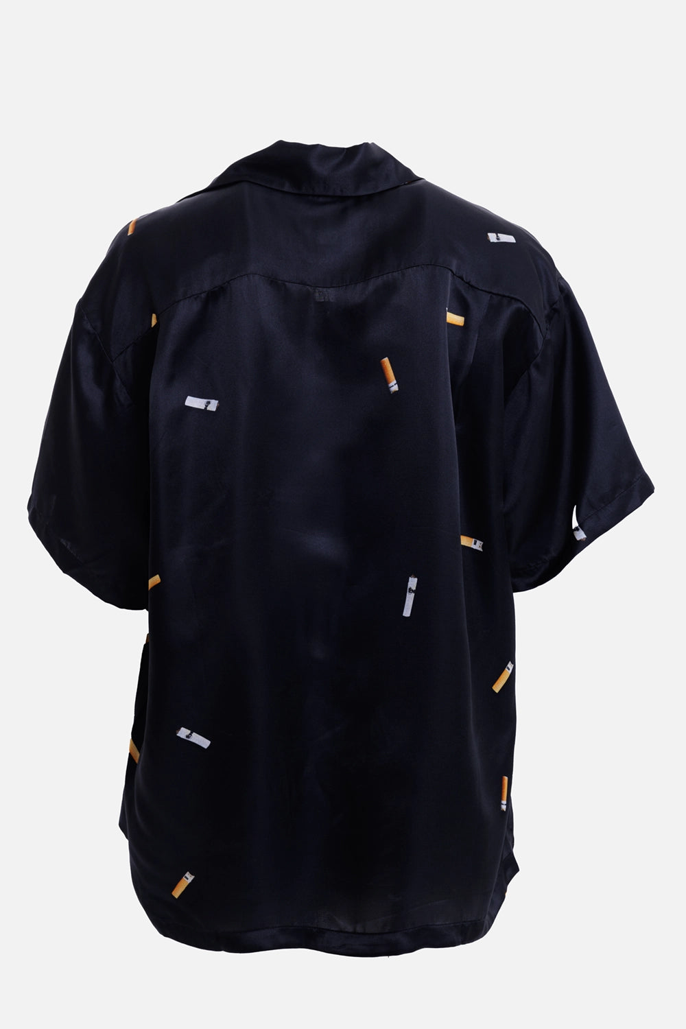 Natasha Zinko women's black cabana shirt, back view with scattered cigarette print and curved yoke