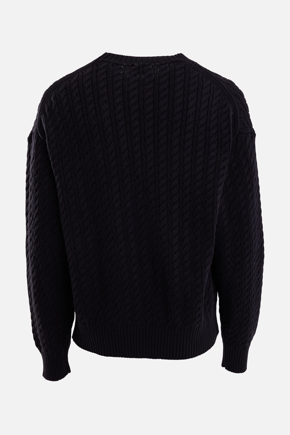KENZO men's black cable-knit sweater, back view with all-over cable texture and ribbed hem