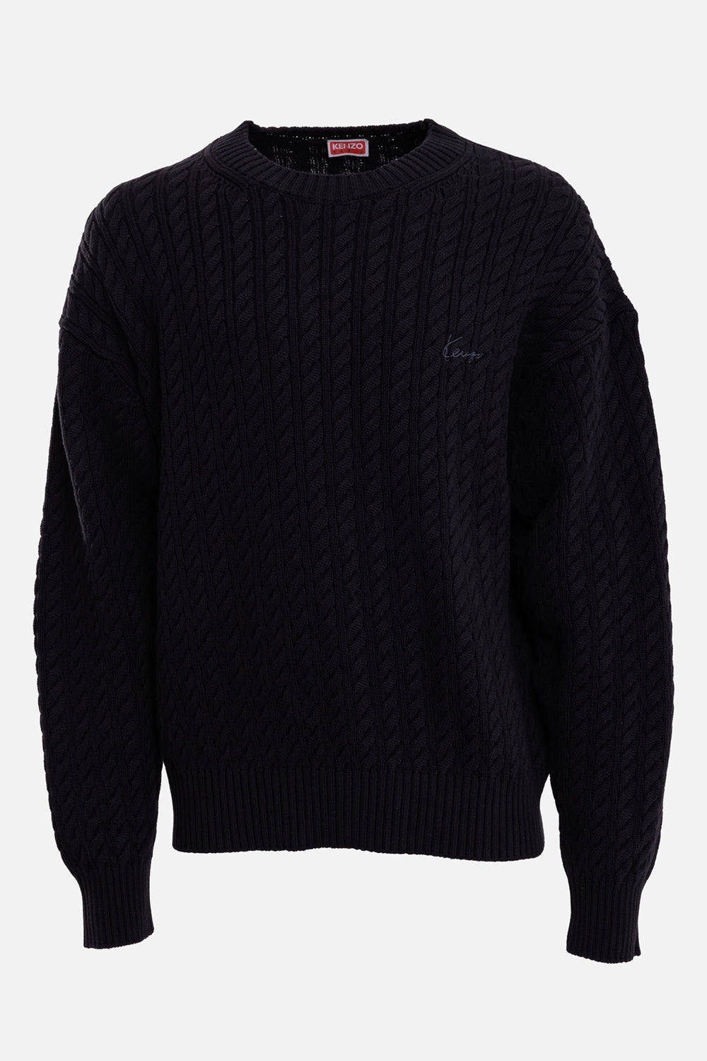 KENZO men's black cable-knit sweater, front view with crew neck, braided texture and chest signature