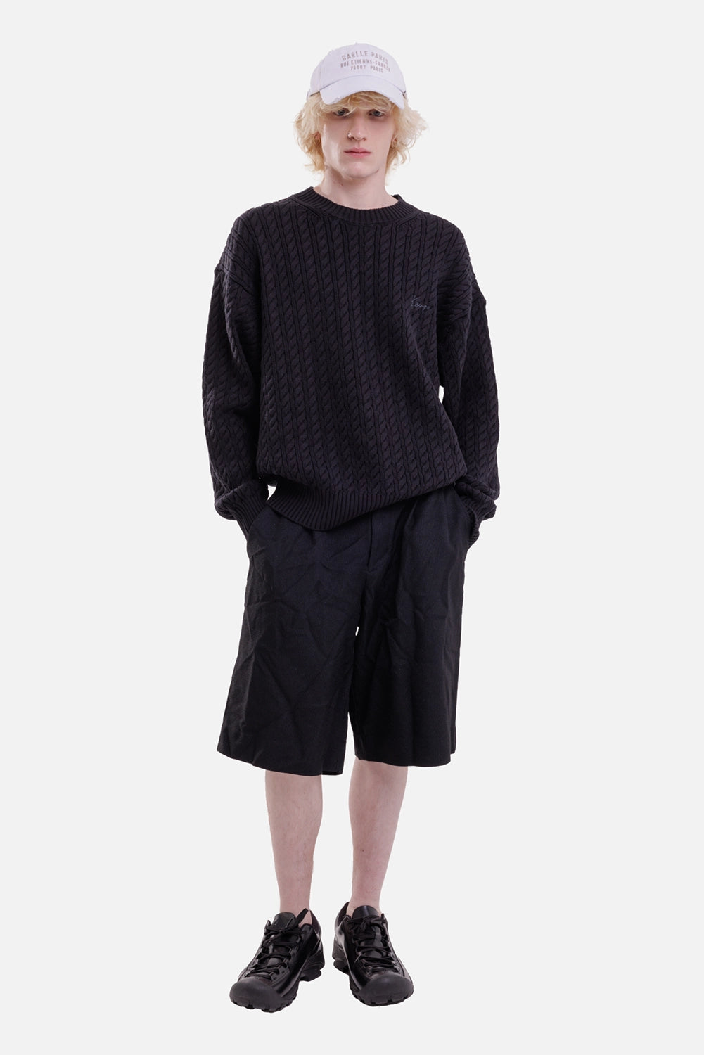 KENZO men's black cable-knit sweater, full-length view with loose fit and embroidered chest signature