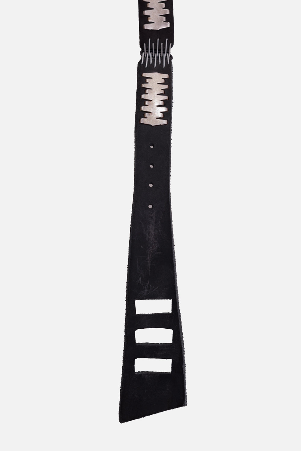 Isaac Sellam calf leather belt in black, fastening detail with adjustment holes and rectangular end cutouts