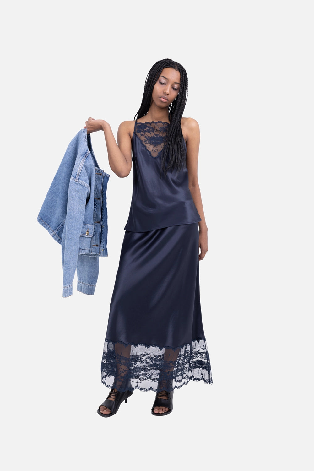 By Malene Birger women’s camisole in night sky, on-model full-length, satin drape with lace neckline