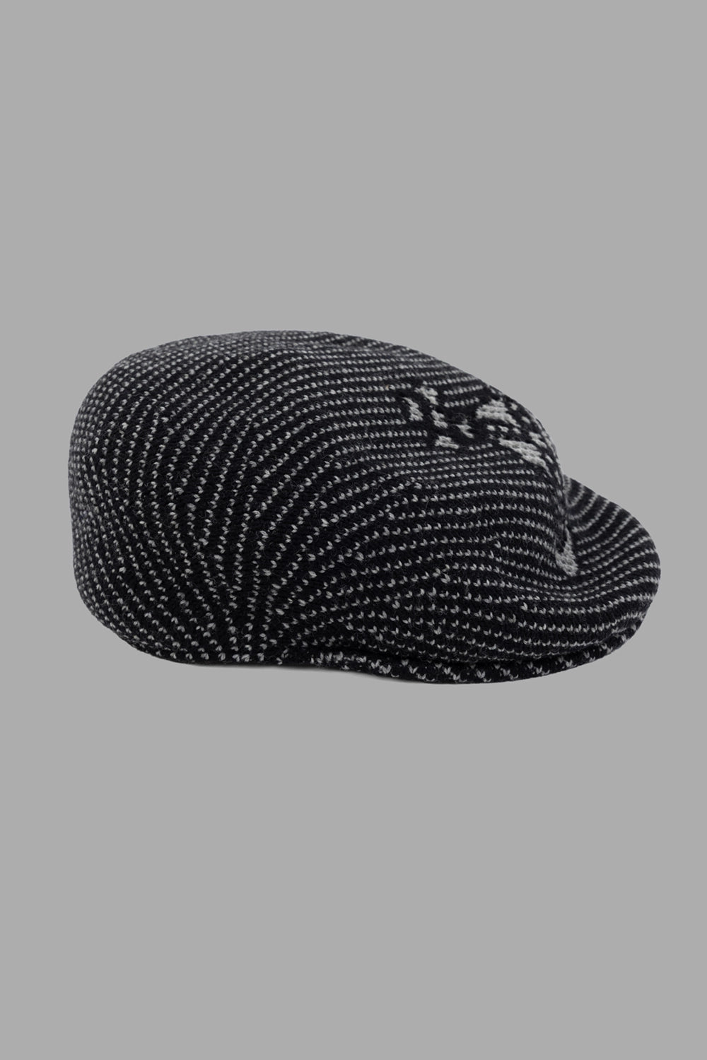 Vivienne Westwood cap in black, front view, Orb jacquard motif on thermo-wool knit - side view