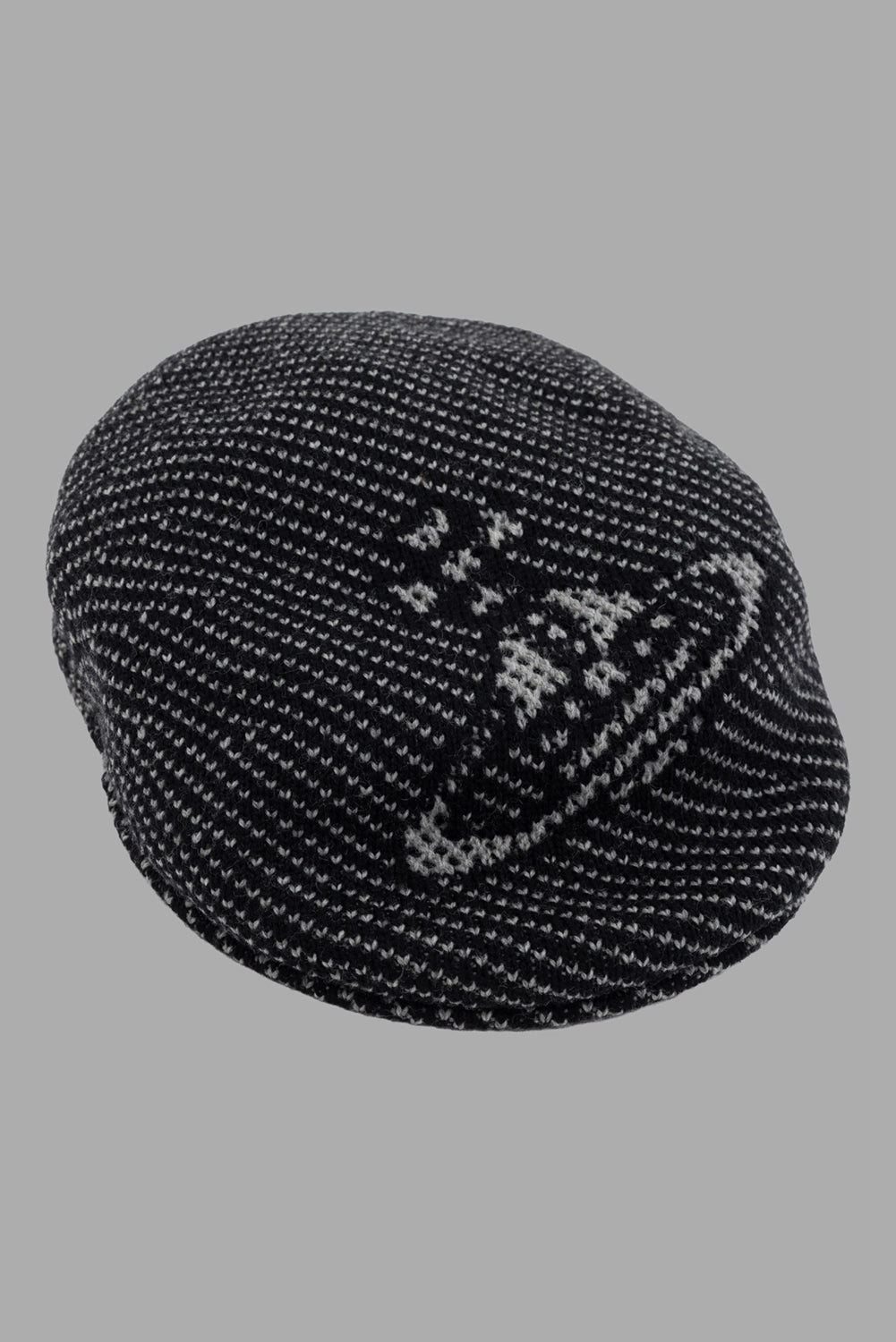 Vivienne Westwood cap in black, front view, Orb jacquard motif on thermo-wool knit