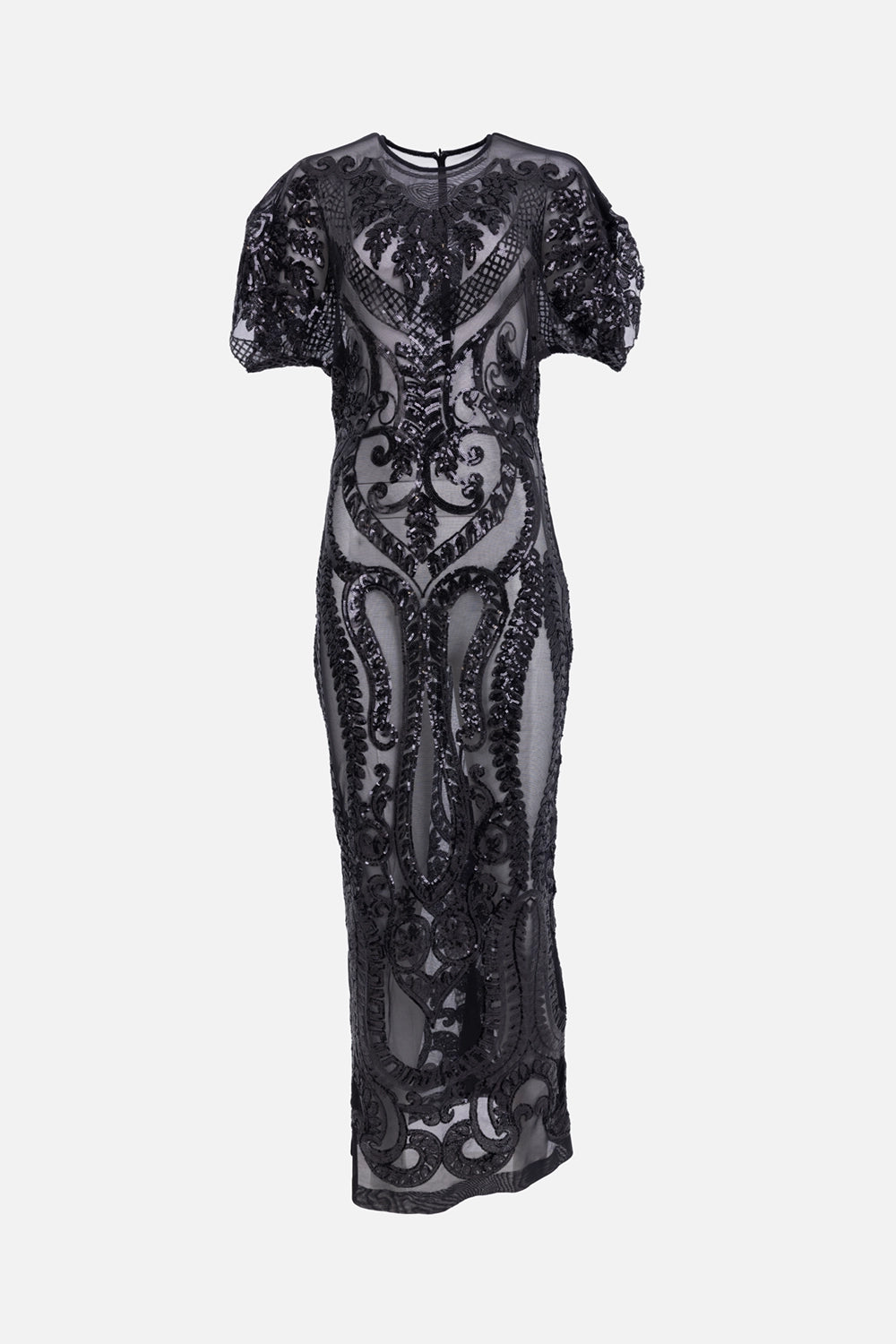 Norma Kamali women's long dress in black, front view, sheer mesh with ornate sequin embroidery