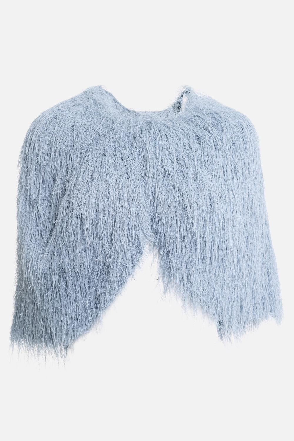 By Malene Birger women’s cape in Arona Blue, front view, long all-over fringe and open wrap front