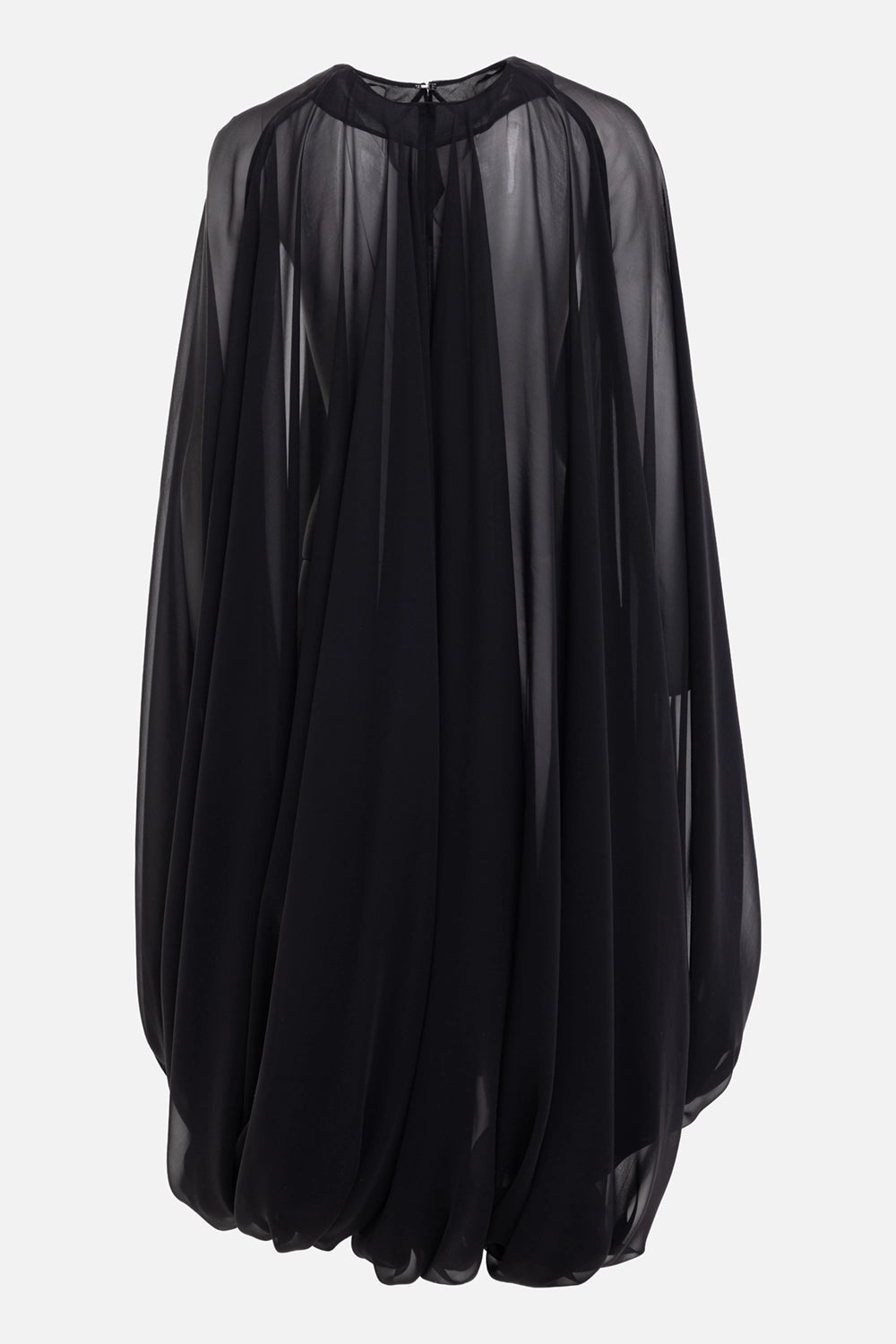 Rick Owens women's cape in black, back view, small neck fastening and sheer rounded cape sleeves