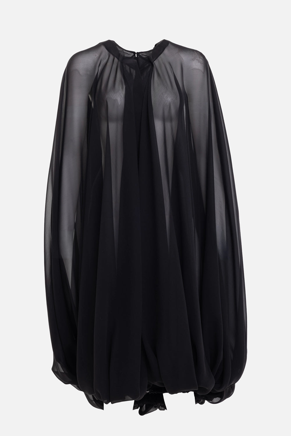 Rick Owens women's cape in black, front view, translucent silk chiffon and soft vertical folds
