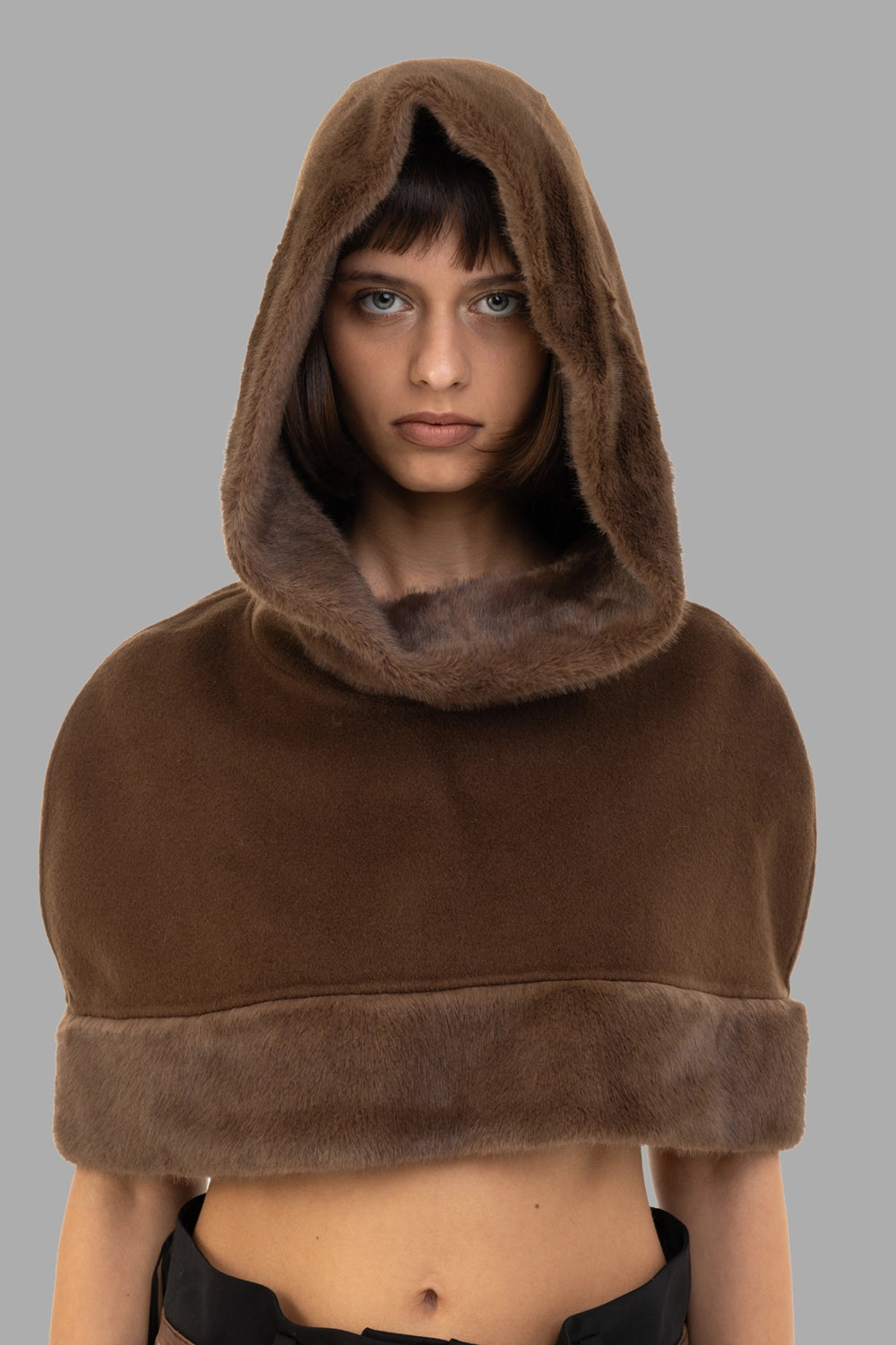 By Malene Birger women cape in Carafe, front view, high neck and plush faux-fur band.