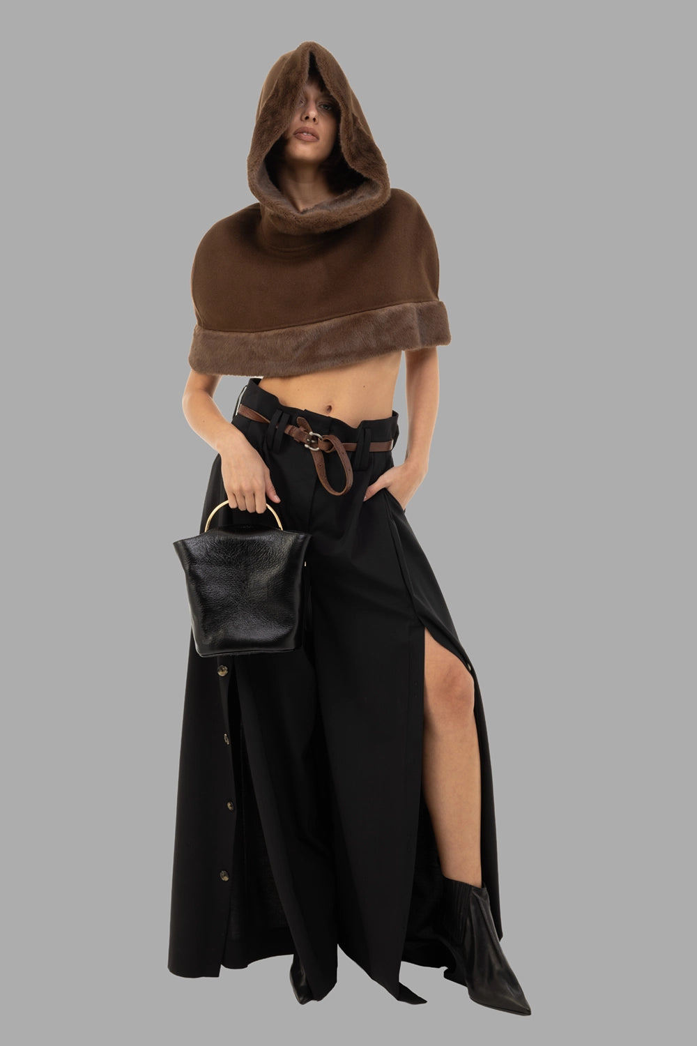 By Malene Birger women cape in Carafe, on-model full length, hooded with faux-fur trim.