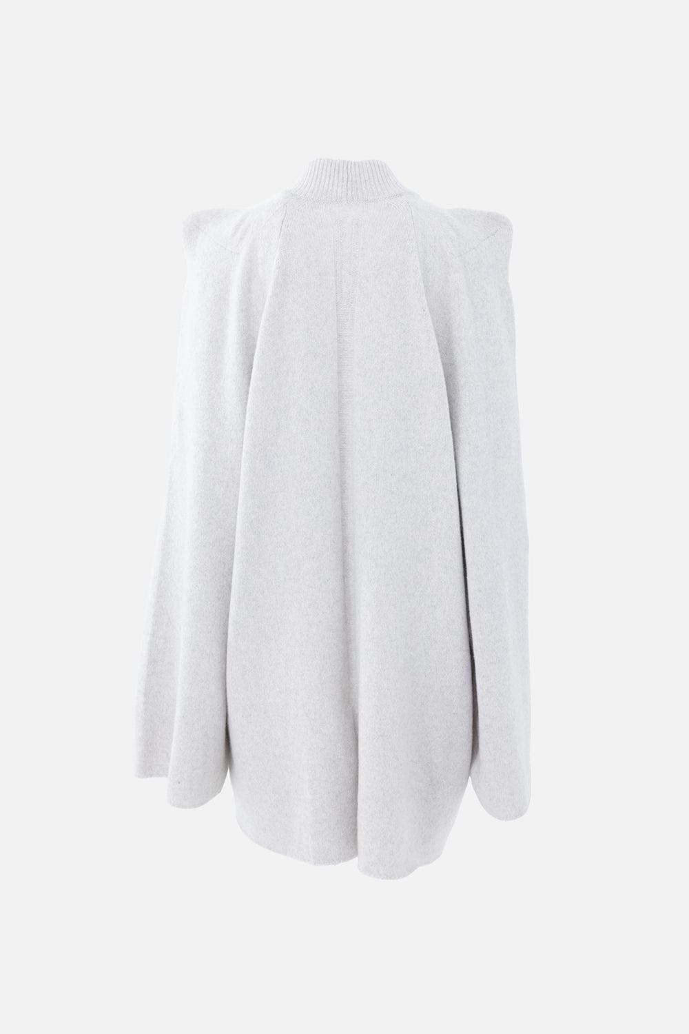 Pre-owned Rick Owens cape sweater in light grey, back view, draped cape sleeves with rib-knit high neck
