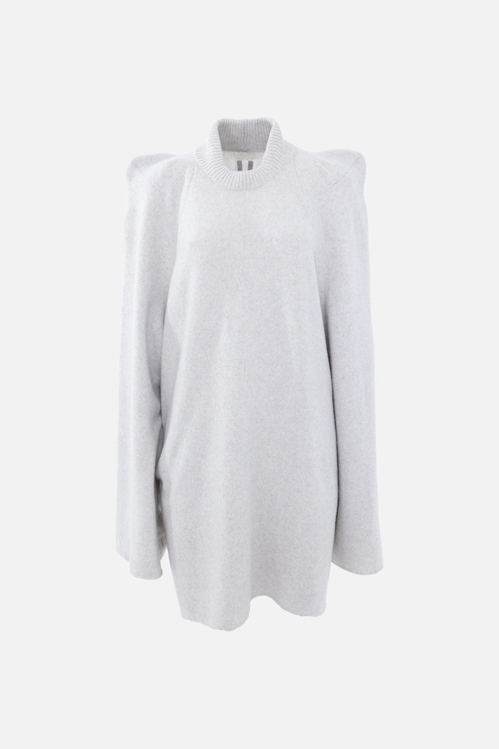 Pre-owned Rick Owens cape sweater in light grey, front view, relaxed longline body with rib-knit high neck