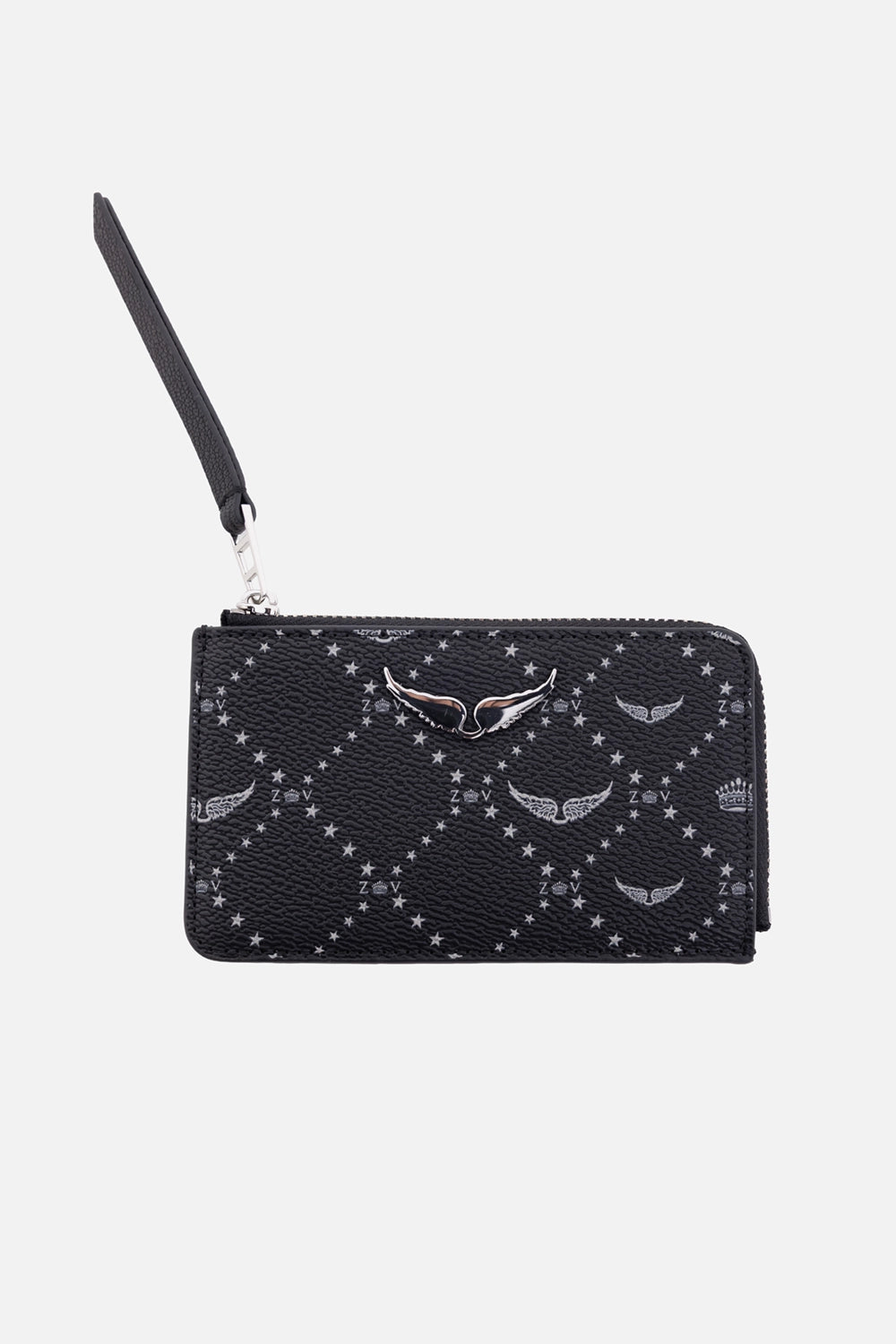 Zadig&Voltaire women's card holder in black, front view, silver-tone mirror wings and monogram print