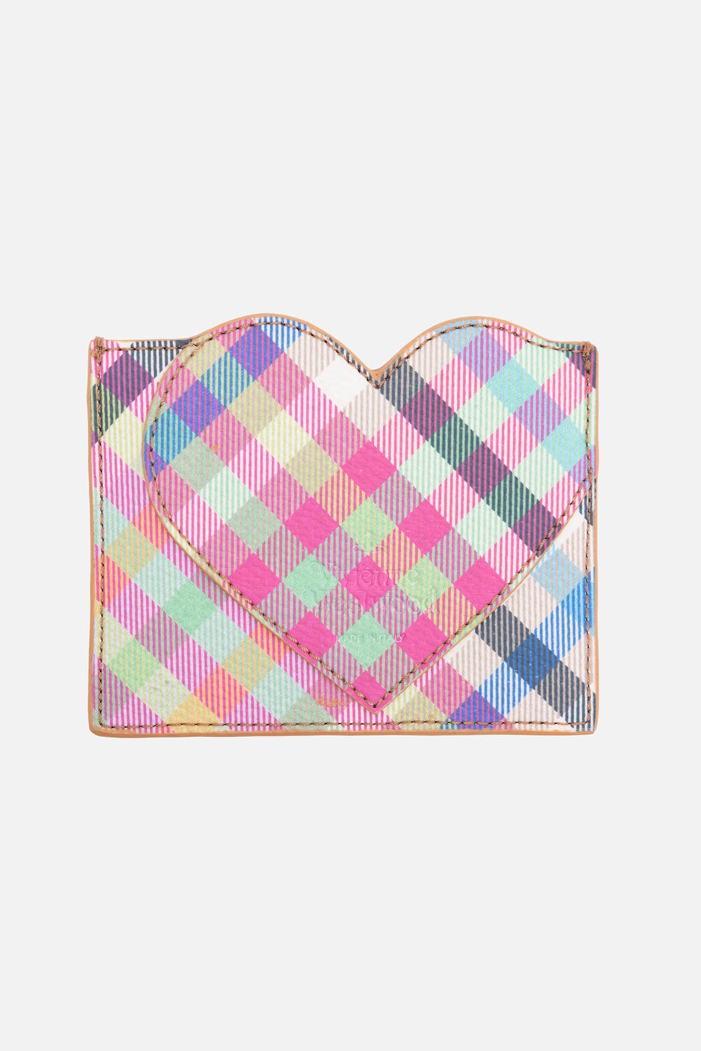 Vivienne Westwood women's card holder in Chelsea Tartan, back view, heart-shaped flap detail with multicolor check