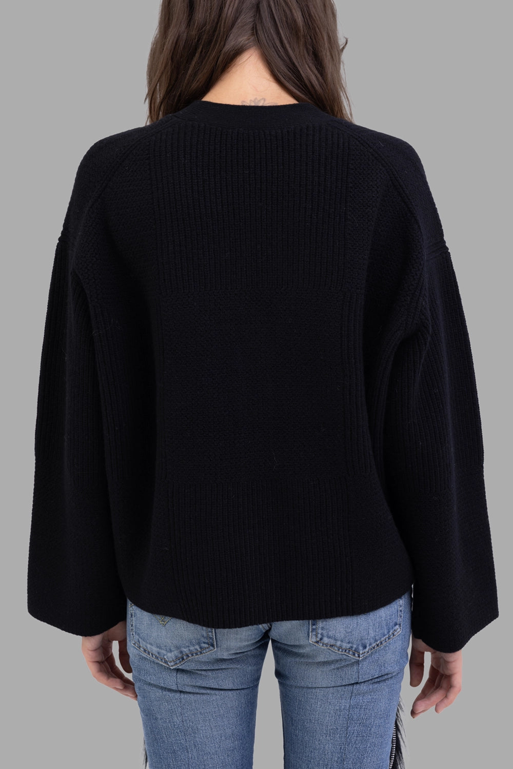 Joseph women cardigan in black, back view, patchwork rib knit and drop shoulders