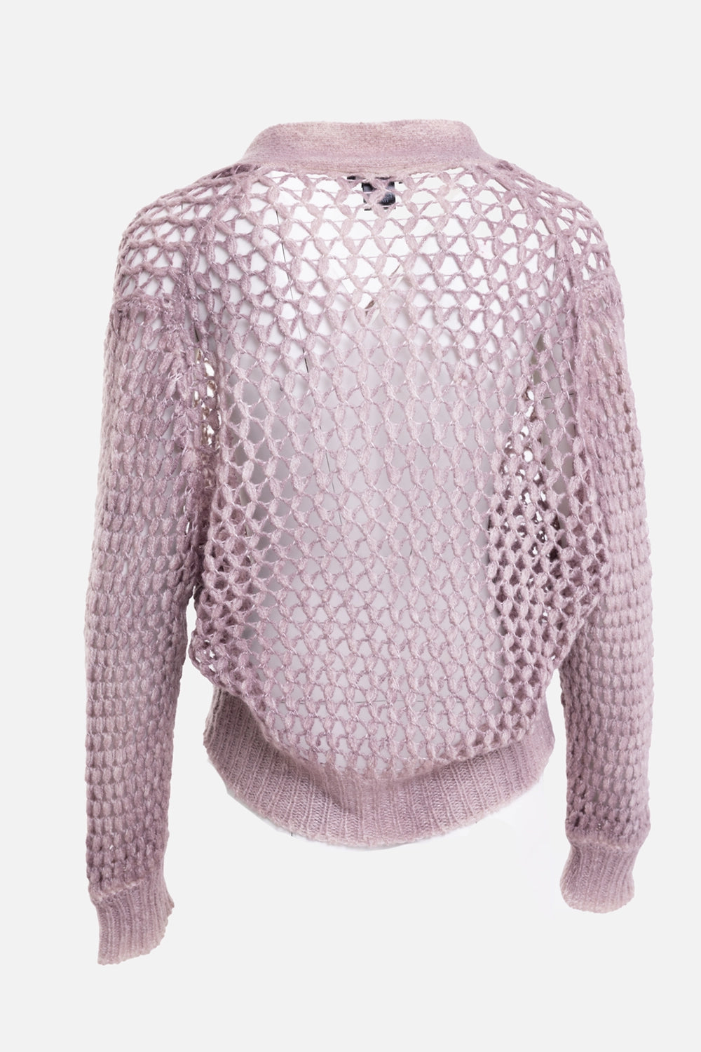 Avant Toi women's cardigan in wisteria, back view, allover open mesh knit with ribbed hem