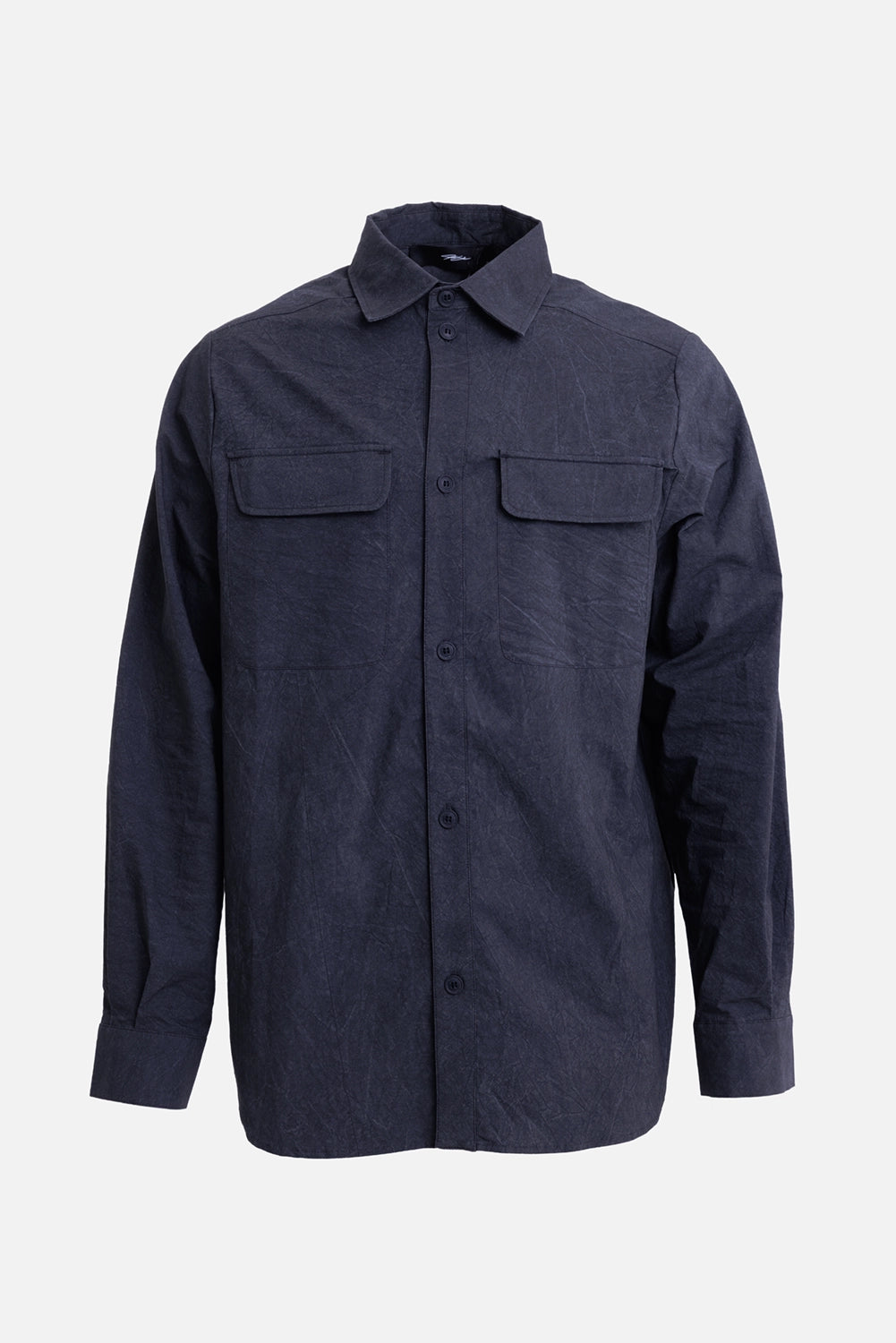 Justin Gall men's cargo drifter shirt in black enzyme, front view with concealed button placket and dual flap pockets