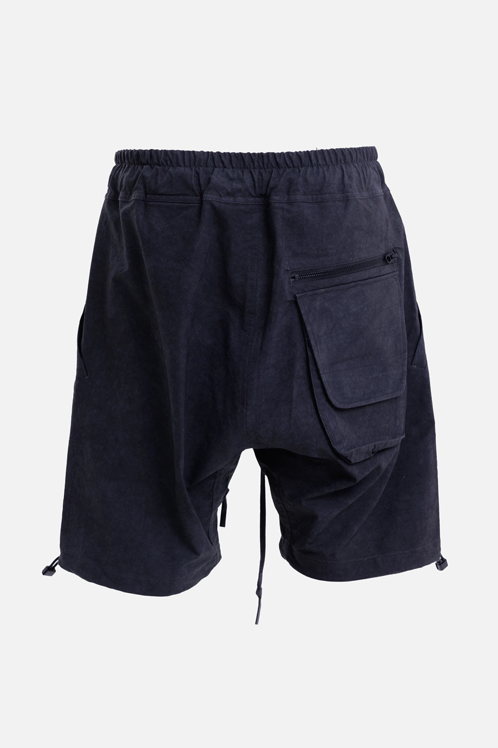 Justin Gall men's cargo floater shorts in black enzyme, back view with rear zip pocket and oversized flap pocket