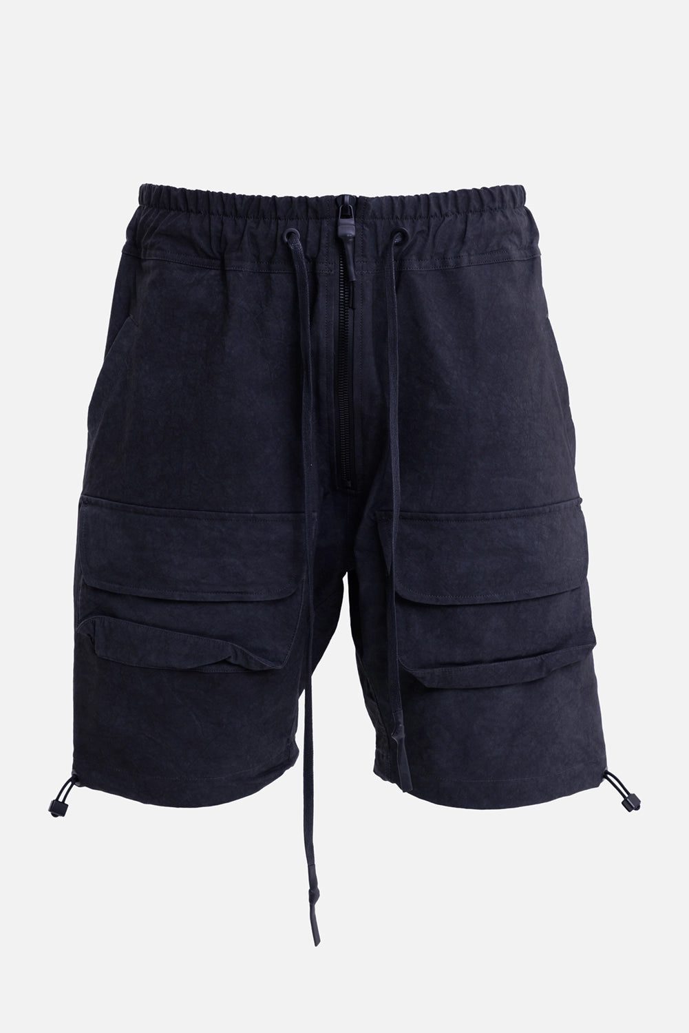 Justin Gall men's cargo floater shorts in black enzyme, front view with layered cargo pockets and exposed front zip