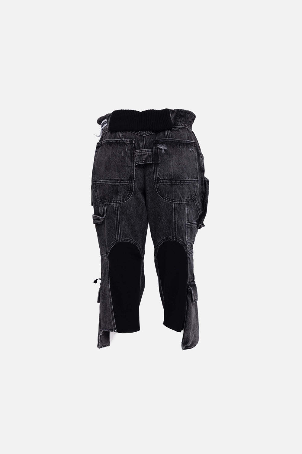 Natasha Zinko women’s cargo jeans in black, front view, carabiner clip at waist and oversized cargo pockets.