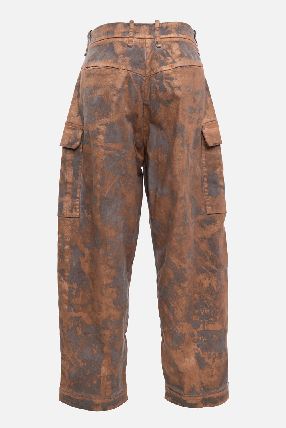 Masnada women's cargo pants in copper, back view, belt loops and mottled grey wash