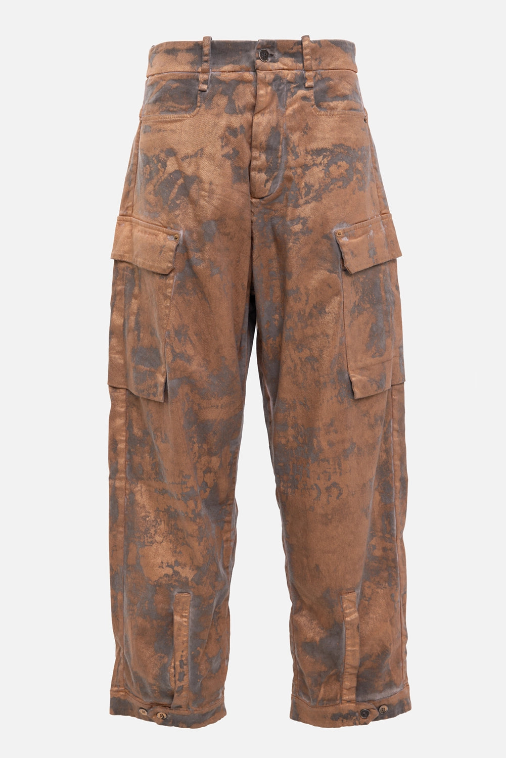 Masnada women's cargo pants in copper, front view, distressed wash and flap cargo pockets