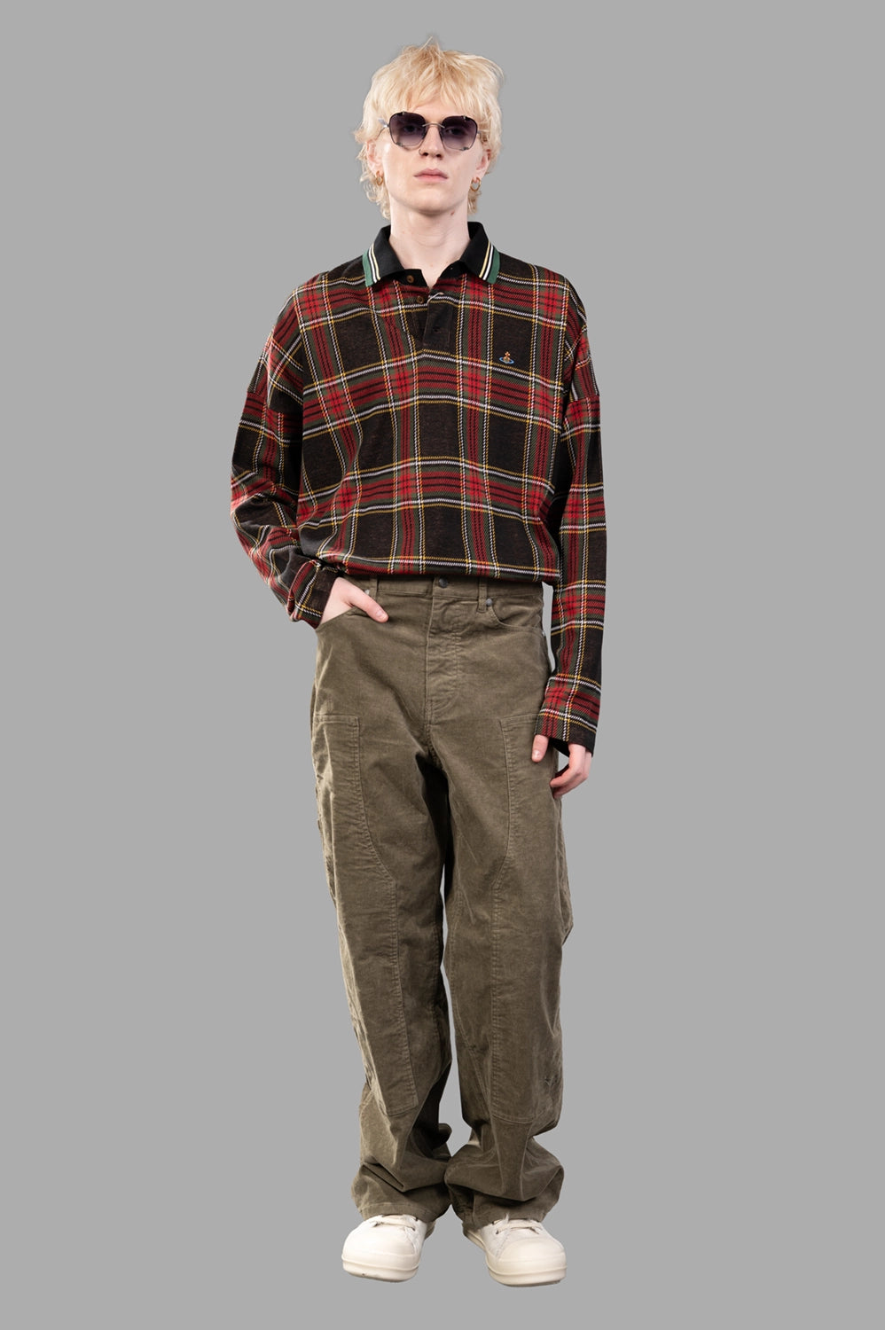 Zadig & Voltaire corduroy cargo pants in Leaves, on-model full length, worker-style panels and relaxed straight leg