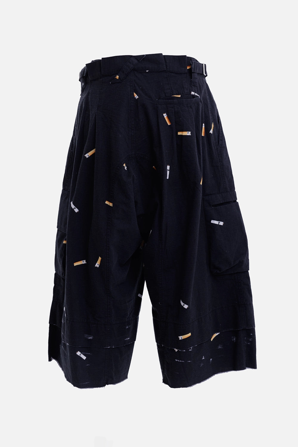 Natasha Zinko women's black cargo shorts, back view with welt pocket and printed cargo pockets