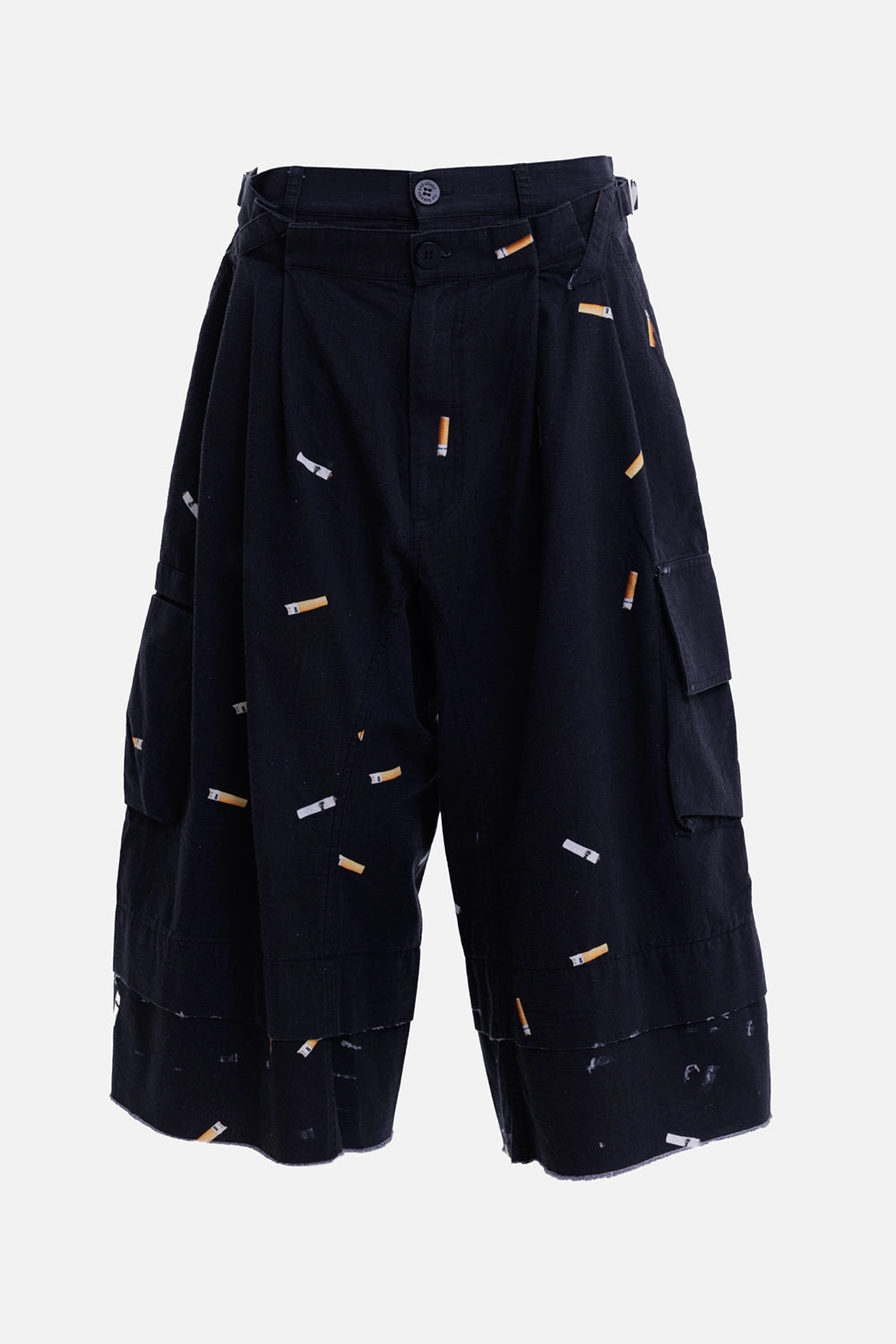 Natasha Zinko women's black cargo shorts, front view with pleats, flap pockets and double hems