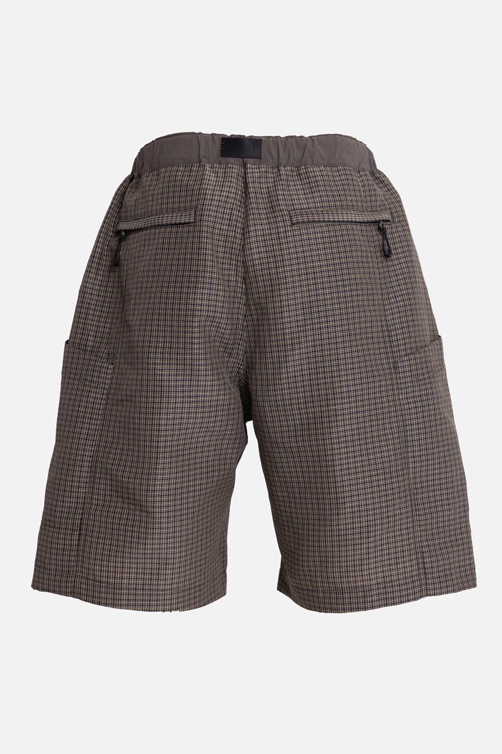 Comme des Garçons Homme men's cargo shorts in brown check, back view, rear zip pockets