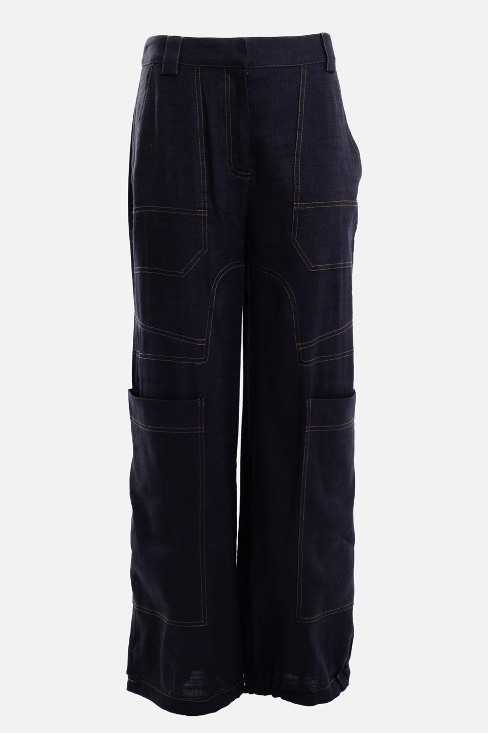 Cult Gaia women cargo trousers in black, front view, tan contrast stitching and patch cargo pockets