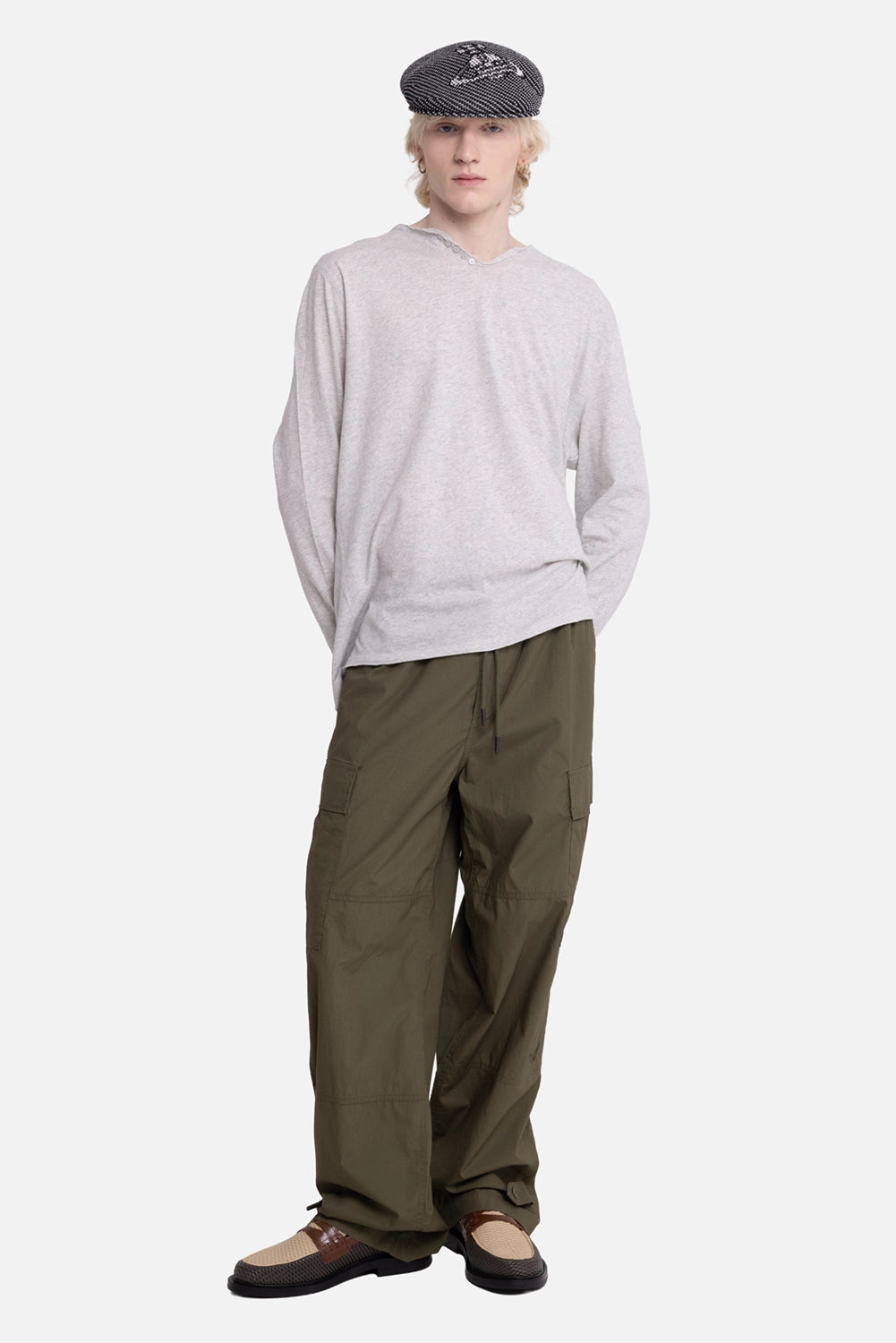 Zadig&Voltaire men's cargo trousers in khaki green, on-model full-length, wide leg and ankle tabs