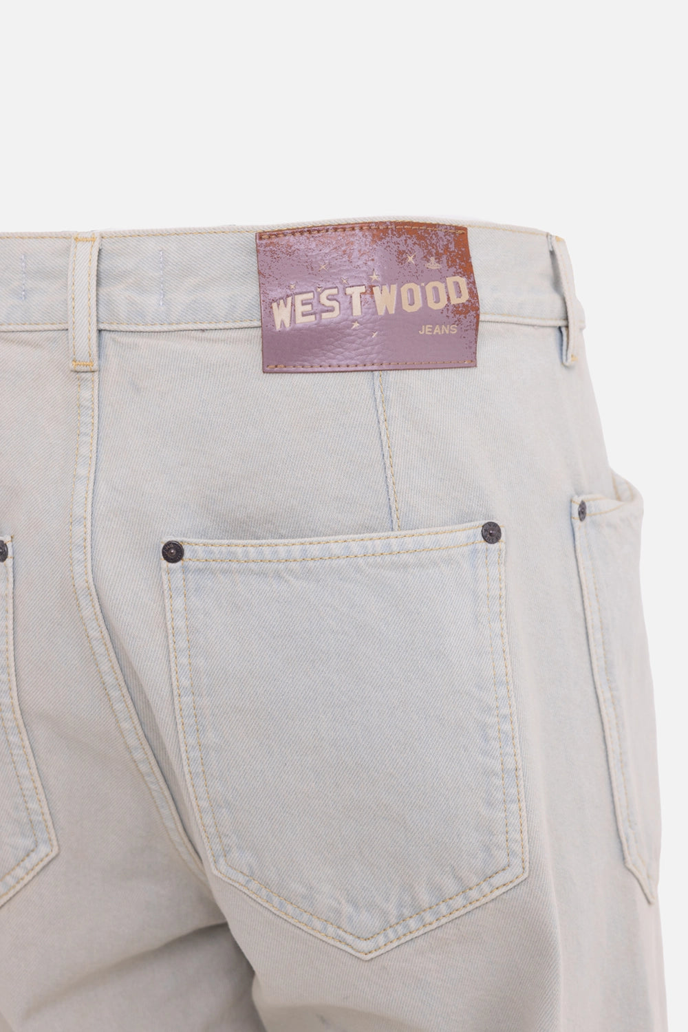 Vivienne Westwood men's carpenter jeans in light blue, logo detail, back waistband patch above rear pocket